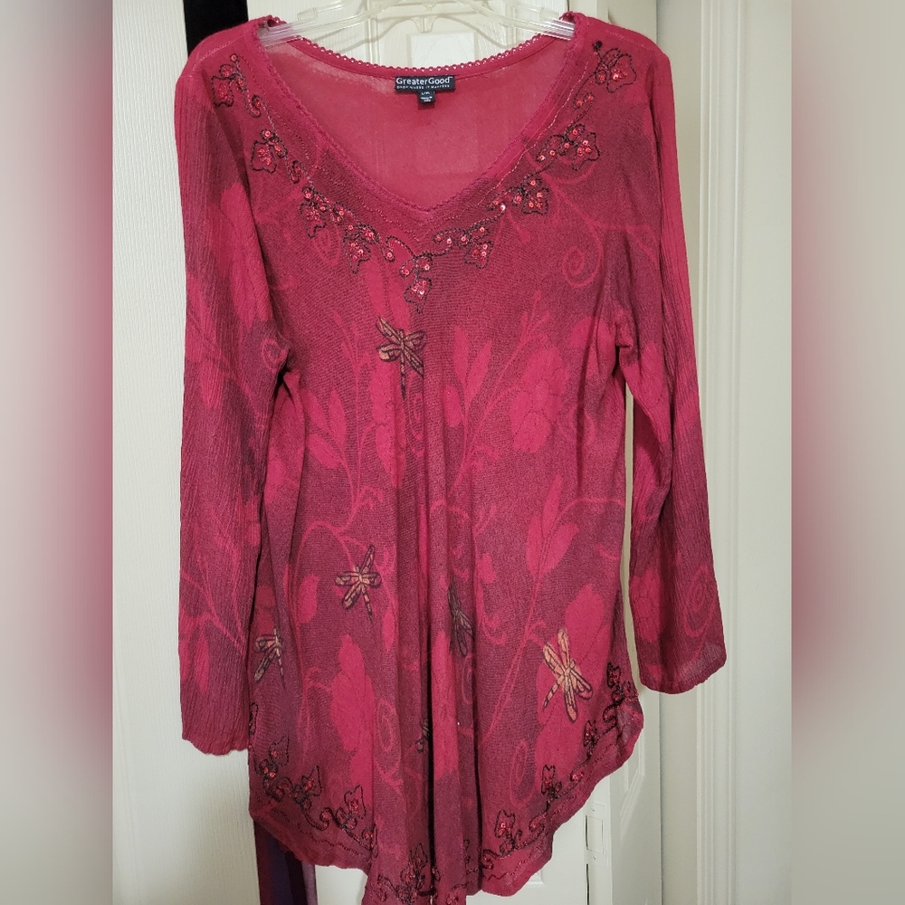 Long Sleeve Greater Good Dress Shirt in size L/XL. Color is Burgundy